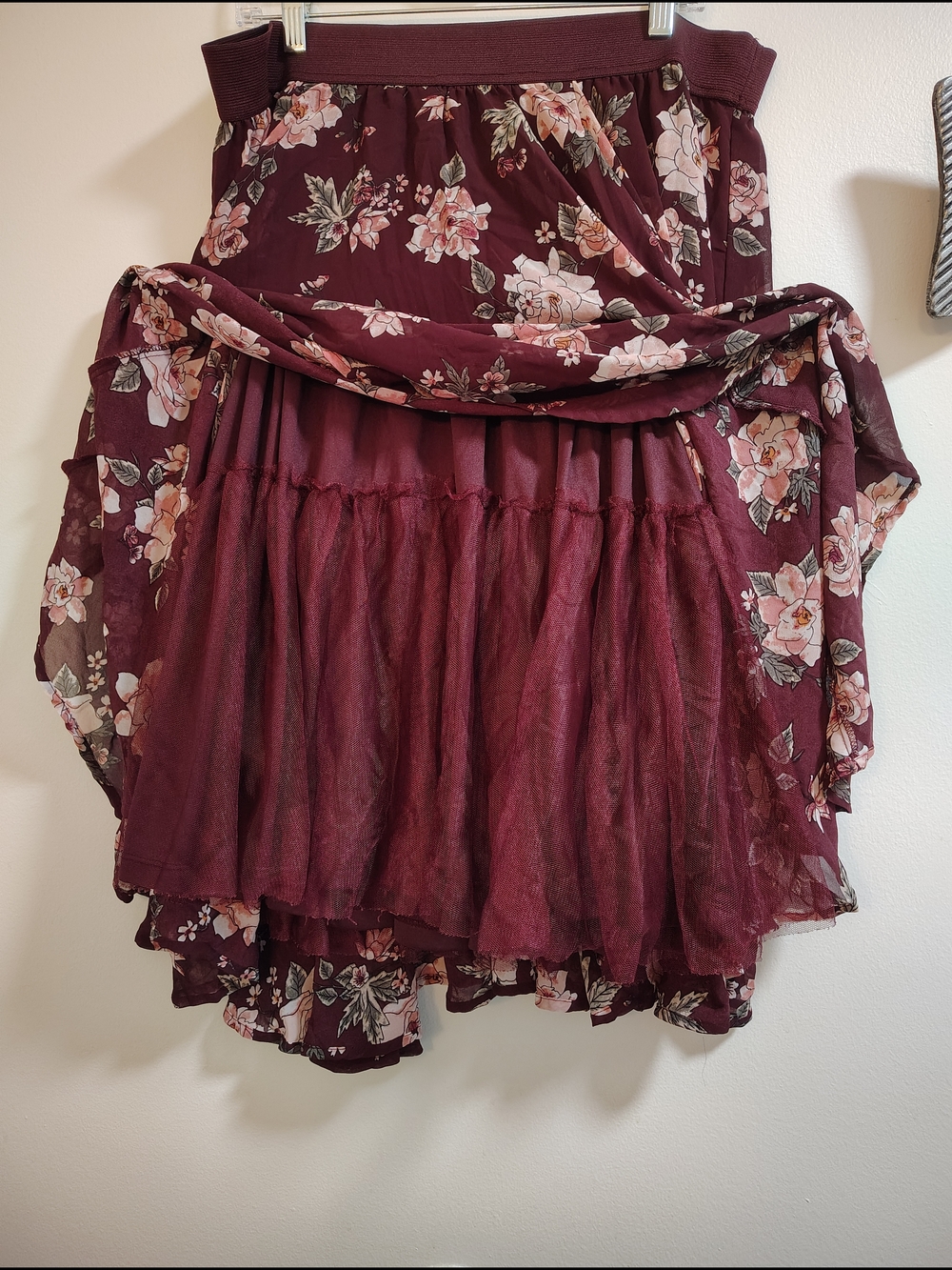 Torrid Burgundy Floral Midi Skirt with Pink Roses - Picture 3 of 5